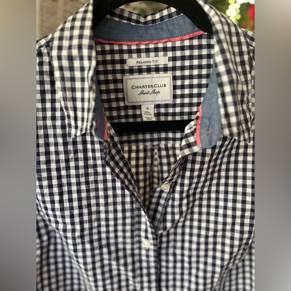 Charter Club Size 8 Navy Blue & White Gingham Checkered Cotton Button Down - Picture 7 of 9